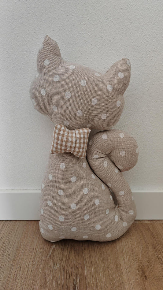 Fermaporta artigianale a forma di gatto in cotone beige a pois fatto a mano