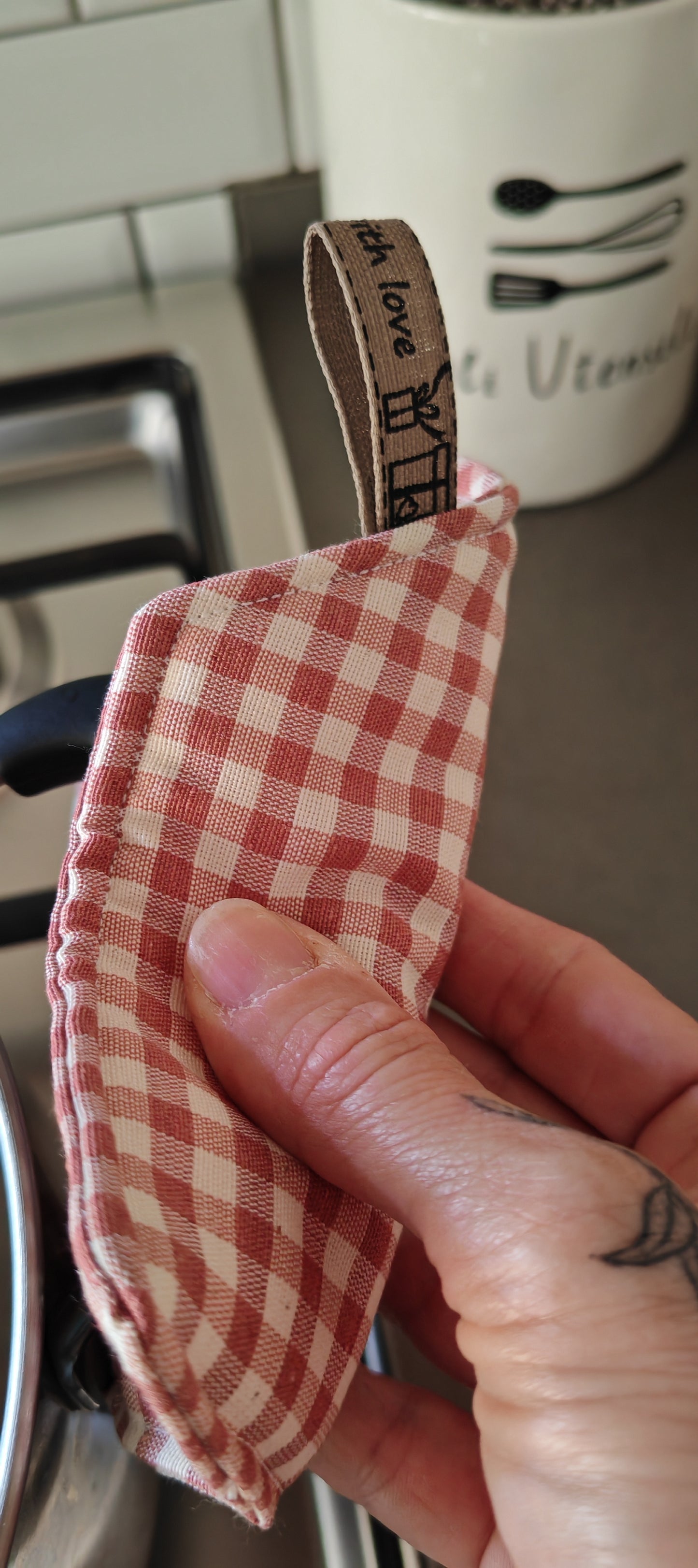 Coppia presine vichy fragola fatte a mano in cotone